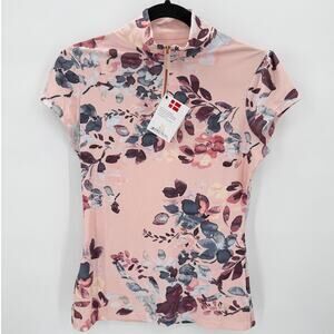 NWT Kastel Sport Cap Sleeve Rose Gold Zip Pearl Blush Watercolor Blouse Size XS